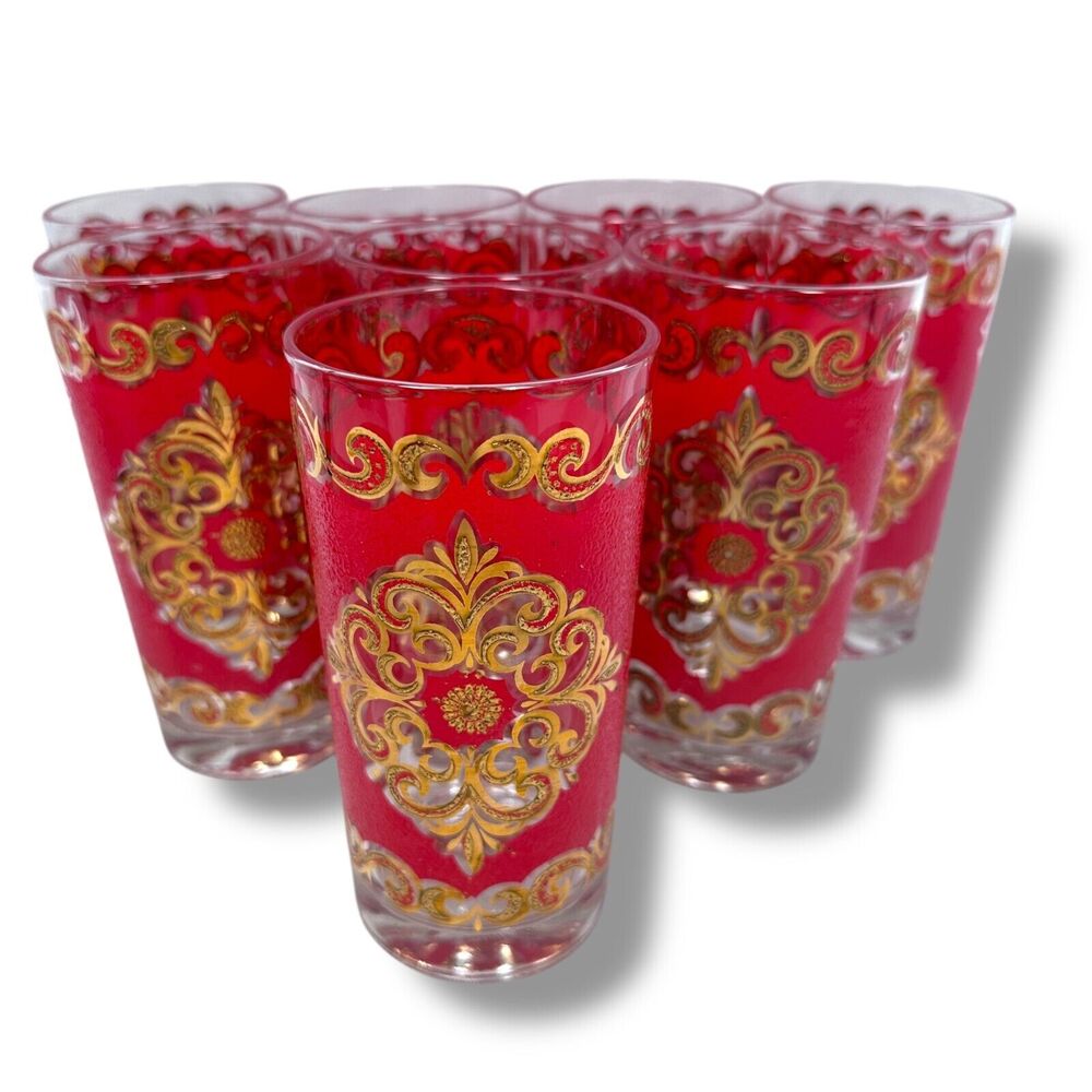 Vintage MCM Culver Starlyte Red Tumbler‎ Glasses 5.5" Round Lot of 8 Filigree